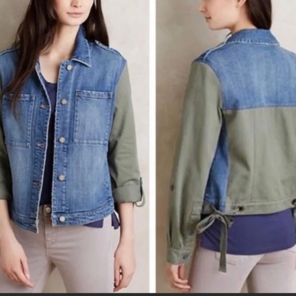 Anthropologie Pilcro & The Letterpress Denim Jacket Green Sleeves Military Boho - Picture 12 of 12